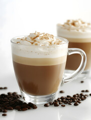 Aufkleber - Creamy Caramel Cappuccino in Glass Mug with Whipped Topping and Coffee Beans on Table : Generative AI