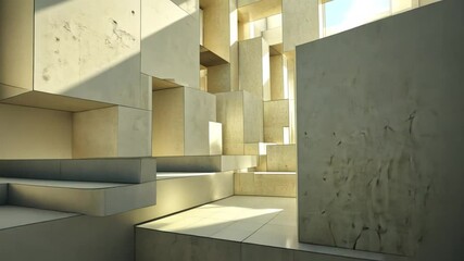 Poster - Abstract Architectural Interior: Light and Shadow interplay in a Beige Cubic Maze