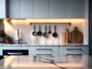 Modern kitchen interior featuring a marble countertop, minimalist cabinets, under-cabinet lighting, and stylish kitchen utensils.