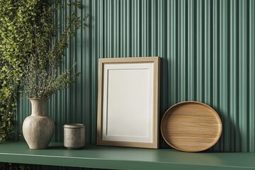 Poster - Elegant Wooden Frame on a Stylish Green Wall with Decorative Items Including a Vase and a Plate in a Modern Interior Setting