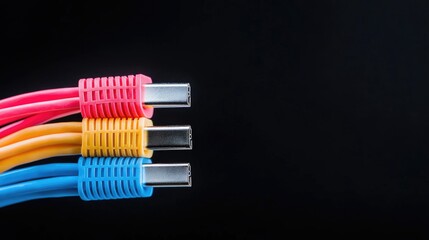 Colorful USB cables on black background; data transfer concept; website banner