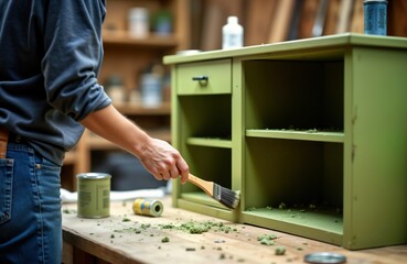 Person applies paint to green cabinet. Artisan works on wooden cabinet. Workshop environment shows home improvement project. Paintbrush touches surface. Focus on renovation process. Wooden furniture