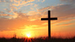 © Generative AI - Silhouette of cross against vibrant orange sunset sky on the horizon : Generative AI