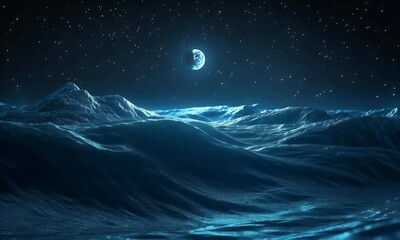 Poster - Alien planet night landscape, moon, mountains, glowing