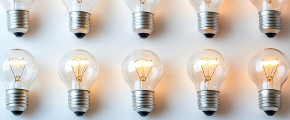 Poster - Ten illuminated light bulbs arranged in rows on a white background.
