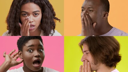 Poster - Four individuals display a range of joyful emotions against colorful backgrounds. Each person expresses happiness through unique gestures, creating a lively atmosphere.