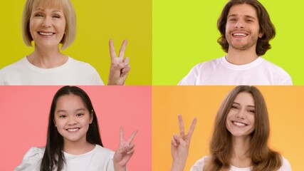 Poster - Four multiracial people display cheerful expressions and peace signs against vibrant backgrounds. This collection showcases a range of emotions, celebrating diversity and unity.