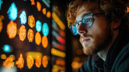 Poster - Young Man Observing Colorful Data Display Screen