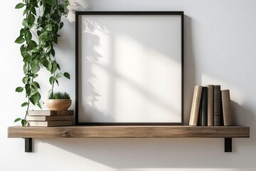 Poster - modern interior wall mockup with wooden shelf, empty frame, books, and greenery against a bright bac