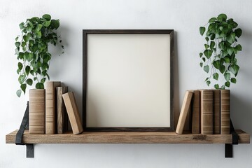 Poster - cozy interior wall mockup with blank frame and books surrounded by green plants for modern home deco