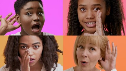 Poster - Four individuals from different backgrounds display a range of happy emotions and gestures, showcasing positivity and connection. Each person highlights their unique personality and expression.