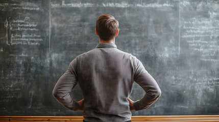 Poster - Rear view of man contemplating in front of blackboard with thoughtful expression in classroom setting : Generative AI
