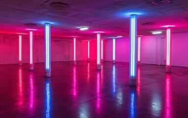 Aufkleber - Neon pink and blue lights illuminate a large empty room with pillars.