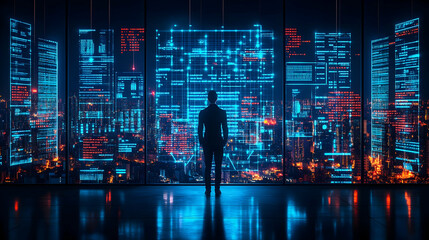 Poster - Man views city data at night