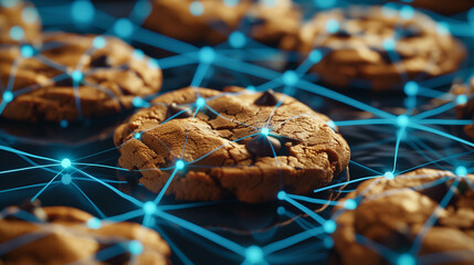 Canvas Print - Chocolate chip cookies interconnected by a glowing digital network concept