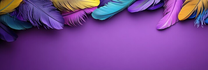 Poster - Colorful Feathers Against a Vibrant Purple Background for Creative Arts, Designs, and Decorative Purposes