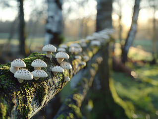 Sticker - Mushrooms on mossy log, autumn forest, sunset