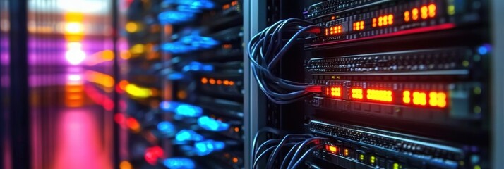 Poster - High-tech Data Center Network with Colorful LED Lights and Server Racks Showcasing Modern Technology and Connectivity in an Information Hub