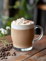 Poster - Elegant Whipped Cream Coffee on Wooden Table Surrounded by Fresh Coffee Beans : Generative AI