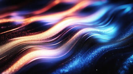 Poster - vibrant dark holographic waves with rainbow patterns and glowing sparkles in a mystical abstract bac