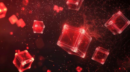 Poster - Abstract digital 3D blockchain icon on technology globe Earth background. Hologram of linked blocks in space in low poly wireframe futuristic style. Modern red polygonal vector illustration