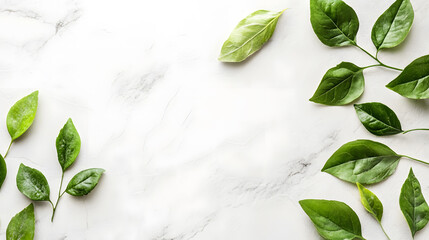 Poster - Bright Green Leaves on Marble Background for Natural Design Templates and Eco-Friendly Themes : Generative AI