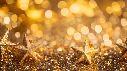 Poster - Glittering Gold Stars in Festive Bokeh Background for Holiday Celebration : Generative AI