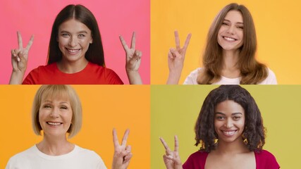 Poster - Four smiling individuals from various backgrounds showcase joyful gestures of peace and happiness against vibrant backgrounds. Their expressions convey positivity and connection