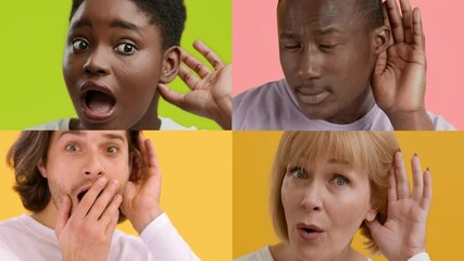 Poster - A vibrant collage showcasing a multiracial group of individuals sharing happy emotions. Each person displays distinct gestures of excitement and curiosity against a colorful background.
