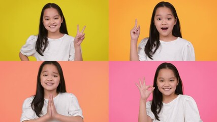 Poster - A young Asian girl displays a variety of fun and expressive gestures against vibrant backgrounds. Her emotions range from excitement to playfulness, engaging viewers with her charm.