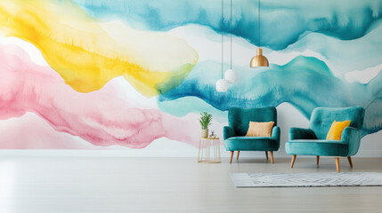 Wall Mural - A large, colorful abstract mural on the wall of a modern living room, with a stylish couch and vibrant decor.