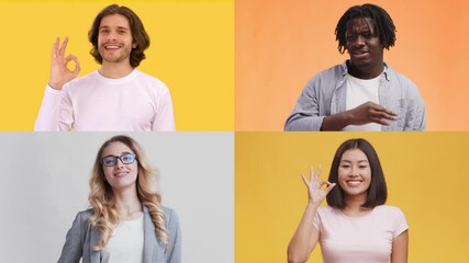 Poster - A multiracial collection of individuals expresses different emotions through gestures. Each person stands against a bright background, showcasing feelings like joy and contemplation.