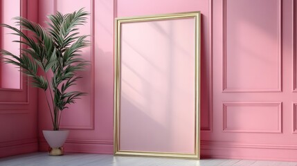 Poster - elegant empty frame mockup in stylish pink room with lush green plant accent perfect for art display