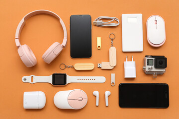 Wall Mural - composition with various modern devices on color background