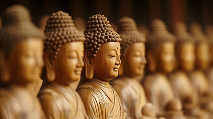 Poster - Close-Up of Detailed Wooden Buddha Statues Symbolizing Serenity and Craftsmanship : Generative AI