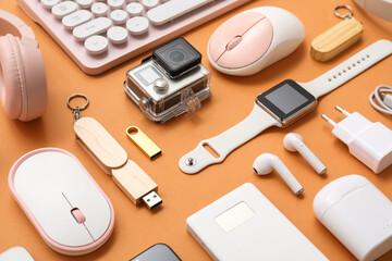 Wall Mural - composition with various modern devices on color background