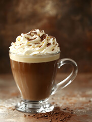 Aufkleber - Delicious Gourmet Coffee with Whipped Cream in a Glass Cup on Rustic Background : Generative AI