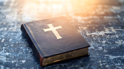 Poster - Closed Bible with Cross Under Soft Warm Light : Generative AI