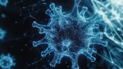 Poster - Abstract rendering of the Covid-19 virus molecule on a black and blue background , coronavirus, pandemic, health