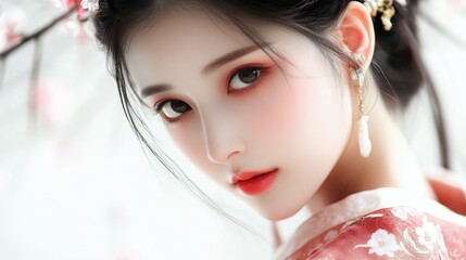 Wall Mural - Elegant Chinese woman with delicate features wearing traditional attire against a clean white background showcasing intricate hairstyle and soft makeup.