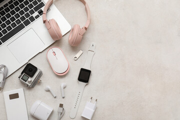 Wall Mural - set of various modern devices on light background