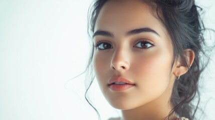 Sticker - Portrait of a beautiful young woman with long dark hair and warm complexion, softly illuminated on a bright white background, showcasing natural beauty.