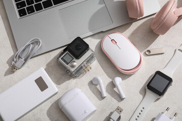Wall Mural - set of various modern devices on light background