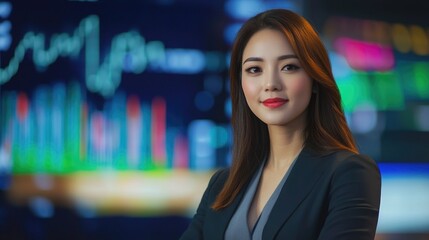 Poster - Asian woman financial anchor presenting news in modern TV studio with colorful pip chart background showing market trends and analytics.