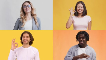 Poster - Four individuals of diverse backgrounds showcase various emotions and gestures against bright backgrounds. Each person contributes to a vibrant display of human connection and expression.