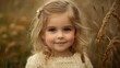 © The 2R Artificiality - happy little girl in autumn field wearing cozy cream sweater with soft sunlight illuminating her joyful expression and surrounded by golden grass