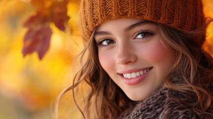 Wall Mural - Autumn Portrait of a Smiling Young Woman with Curly Hair in a Cozy Brown Hat Surrounded by Colorful Fall Leaves in a Warm Golden Glow