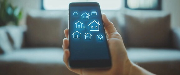 Poster - Hand holding phone showing smart home app.