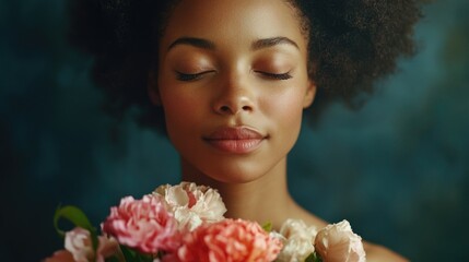 Poster - Elegant Baroque-inspired portrait of a woman with closed eyes holding a bouquet of soft pink and peach flowers against a textured blue background.