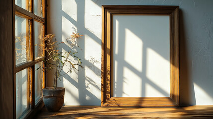 Poster - A wooden frame mockup on a wooden surface with window light creating shadows and a plant